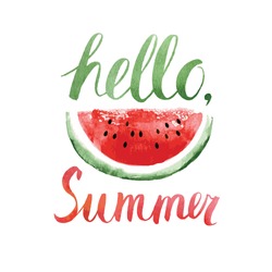 Watercolor  Watermelons And Lettering Hello Summer