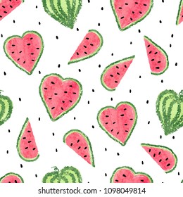 Watercolor watermelons pattern. Seamless vector background with heart shaped watermelon slices.