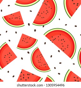 Watercolor watermelons pattern. Seamless vector background. Modern minimalistic design. Red slices of ripe watermelon and seeds on white background.