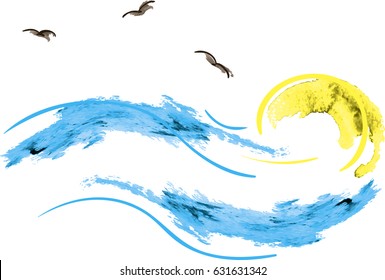 Watercolor. Wave. Sky with the sun. Birds in the sky. Sea.