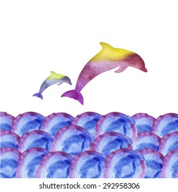 Watercolor waves of the sea with dolphins