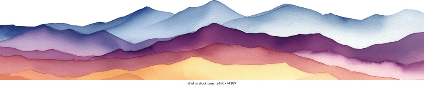 watercolor wavy mountain silhuette , hand painted background with hues of yellow gold and purple shapes