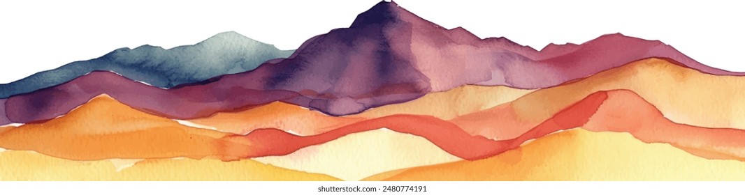 watercolor wavy mountain silhuette , hand painted background with hues of yellow gold and purple shapes