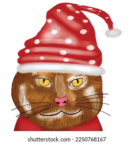 Watercolor wearing cat on christmas day. Funny cat in a Christmas hat and scarf. Vector illustration for card or poster, print on clothes. New Year's and Christmas.