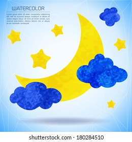 Watercolor weather background with moon and clouds