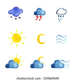 Watercolor weather icon set. Vector, EPS 10