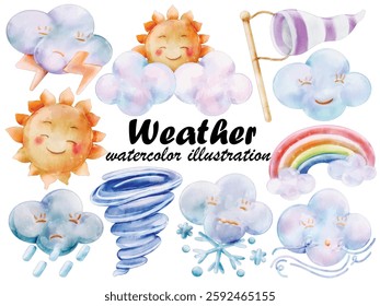 Watercolor Weather Illustration Set - Hand-Painted, Cute, Whimsical - Sun, Clouds, Rainbow, Thunderstorm, Tornado, Snowflake, Wind Sock, Vector Illustration