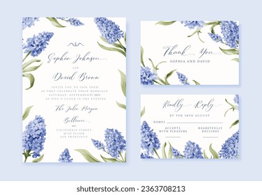 Watercolor Wedding antique invitation with blue hyacinth flowers, thank you and rsvp cards, vector template.