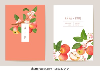 Watercolor wedding apple floral invitation. Autumn fruits, flowers, leaves card. Botanical Save the Date template vector, foliage cover, modern poster, trendy design, luxury background