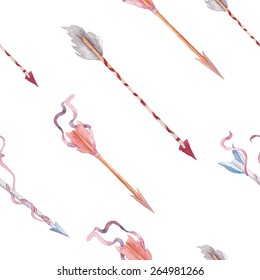 Watercolor wedding arrows pattern. Hand drawn vintageseamless texture with arrows, ribbons isolated on white background. Repeating texture