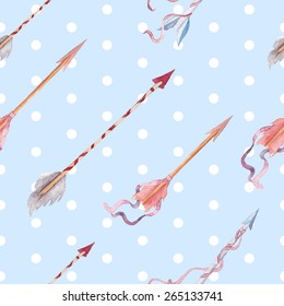 Watercolor wedding arrows pattern. Hand drawn vintage seamless texture with arrows, ribbons and dots background. Repeating texture