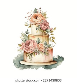 watercolor wedding cake vector, wedding cakes watercolor, wedding cake floral illustration, vector illustration.