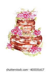 watercolor wedding chocolate cake with pink flowers and leaves on a white background.Vector illustration