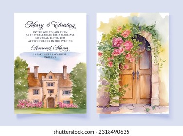 Watercolor wedding in a classic castle garden with floral wooden door