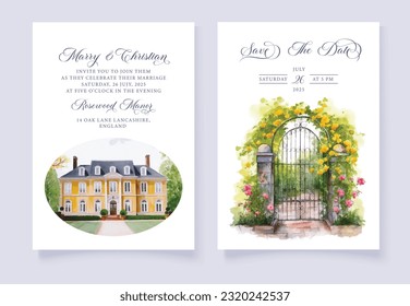 Watercolor wedding in a classic castle garden with floral door vector