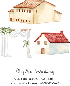 Casamento aquarela clip art set. Ilustração vetorial de arco de madeira, villa, edifício para decoração. Adequado para design de cerimônia de casamento e convite de cartão