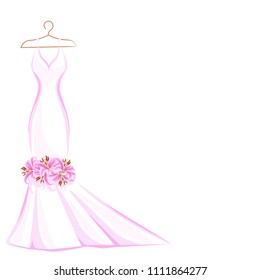 Watercolor wedding dress decorated with lily. Vector illustration.