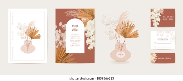 Watercolor wedding dried lunaria, orchid, pampas grass floral invitation. Vector exotic dry flowers, palm leaves card. Boho template frame. Save the Date foliage cover, modern poster, trendy design