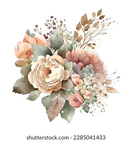 Watercolor wedding floral bouquet - illustration blush pink yellow vivid flowers. Decorative elements template isolated on white background