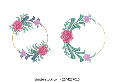 Watercolor Wedding frame with pink and red rose, green leaf