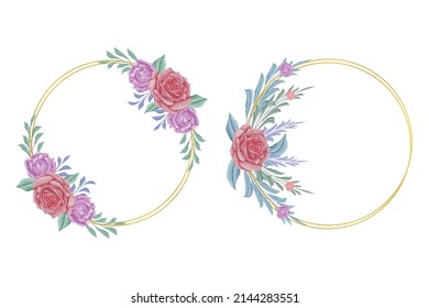 watercolor Wedding frame with red roses and pink peones