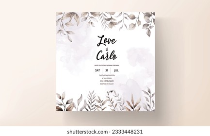 Watercolor wedding invitation with beautiful brown leaves