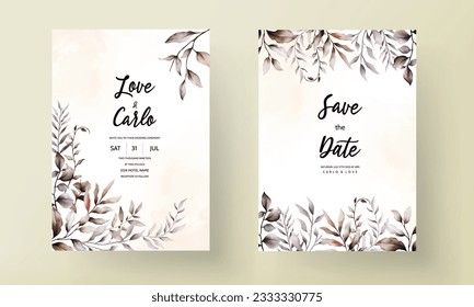 Watercolor wedding invitation with beautiful dusty brown leaves