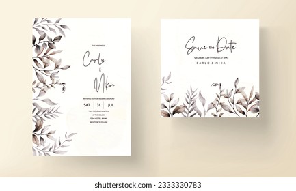 Watercolor wedding invitation with beautiful dusty brown leaves