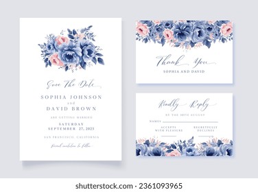 Watercolor Wedding invitation blue antique flowers, thank you and rsvp cards, vector template.