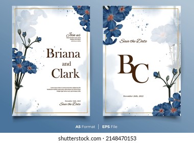 Watercolor wedding invitation with blue flower ornament
