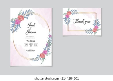 Watercolor Wedding invitation card with beautiful blooming floral of red peony and pink rose