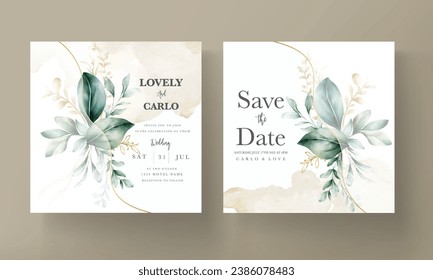 Tarjeta de invitación a boda acuarela en hojas verdes elegantes