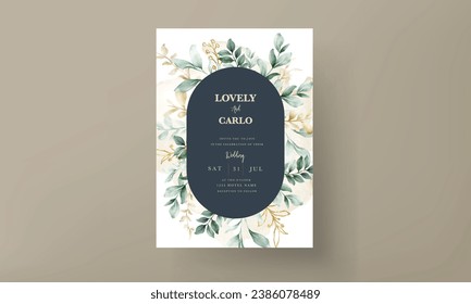 Watercolor wedding invitation card in elegant green leaves