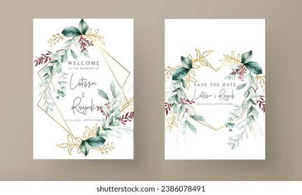 Watercolor wedding invitation card in elegant green leaves