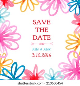 Watercolor wedding invitation card. Floral ornament. Vector.