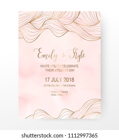 Watercolor wedding invitation card with gold wave border.