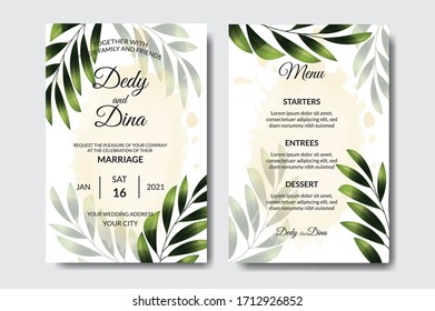 watercolor wedding invitation card with green leaves concept