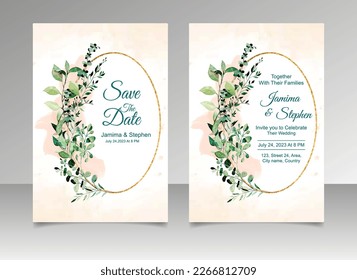 watercolor wedding invitation card with green watercolor leaves wreath and golden frame watercolor background vector illustration