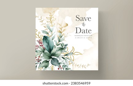 Watercolor wedding invitation card in green leaves and gold ornament