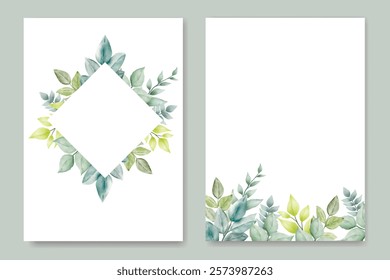 Watercolor wedding invitation card in green leaves