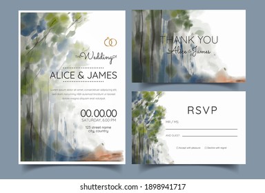 watercolor wedding invitation card, road at the edge of a thick forest