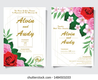 watercolor wedding invitation card with rose shape, beautiful wedding invitation card with watercolor concept
