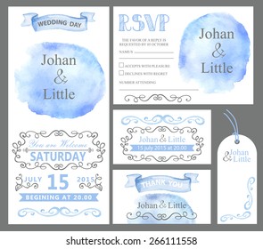 Watercolor wedding invitation card set.Cyan sky stein,ribbons,grey swirling borders,frames decor,arrows,text.Tag,RSVP,Thank you,save the date.Cute artistic vector 