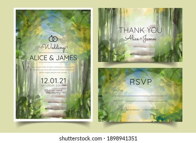 watercolor wedding invitation card, stair walk in the middle of dense forest