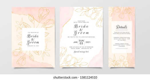 Watercolor wedding invitation card template set with golden floral decoration. Abstract background save the date, invitation, greeting card, multi-purpose vector