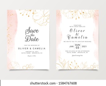 Watercolor wedding invitation card template set with gold floral decoration. Abstract background save the date, invitation, greeting card, multi-purpose vector