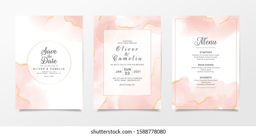 Watercolor wedding invitation card template set with gold line decoration. Peach abstract background save the date, invitation, greeting card, multi-purpose vector