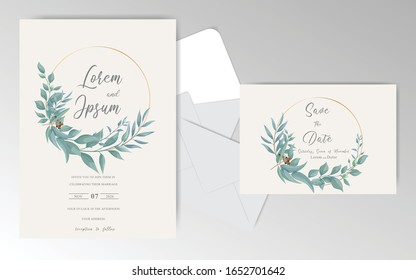 Watercolor Wedding Invitation Card Template Set with Navy Blue Leaves