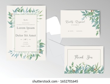 Watercolor Wedding Invitation Card Template Set with Navy Blue Leaves