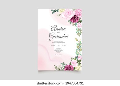  watercolor Wedding invitation card template set with beautiful  floral leaves Premium Vector